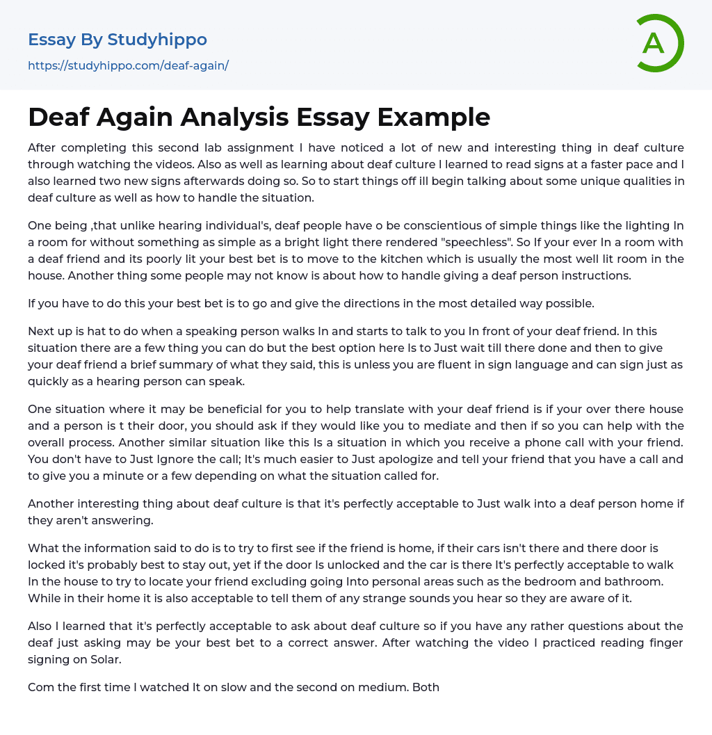 Deaf Again Analysis Essay Example