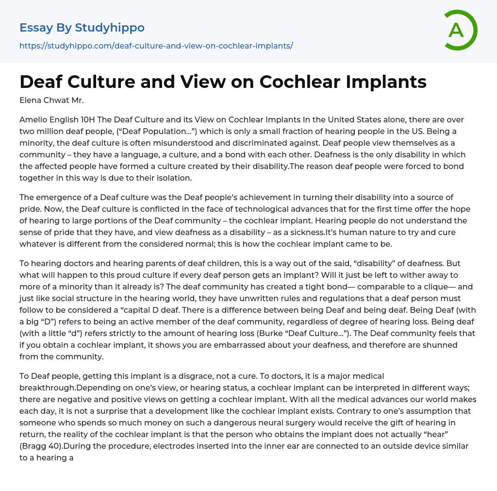 Deaf Culture and View on Cochlear Implants Essay Example