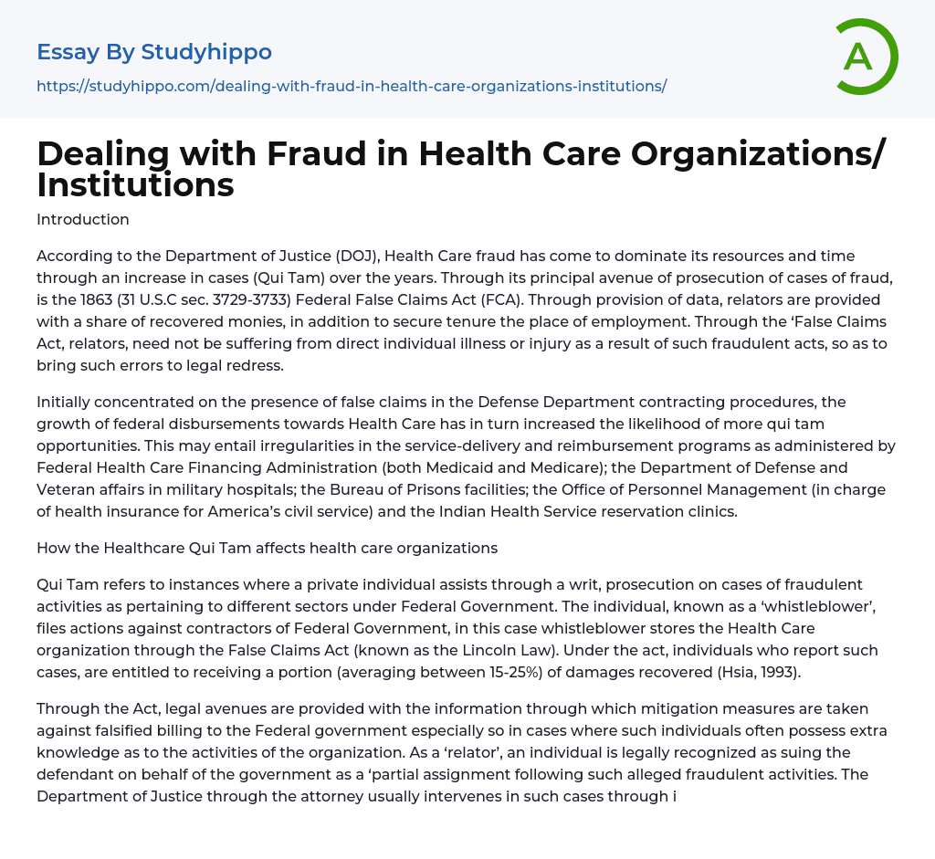 Dealing with Fraud in Health Care Organizations/ Institutions Essay Example