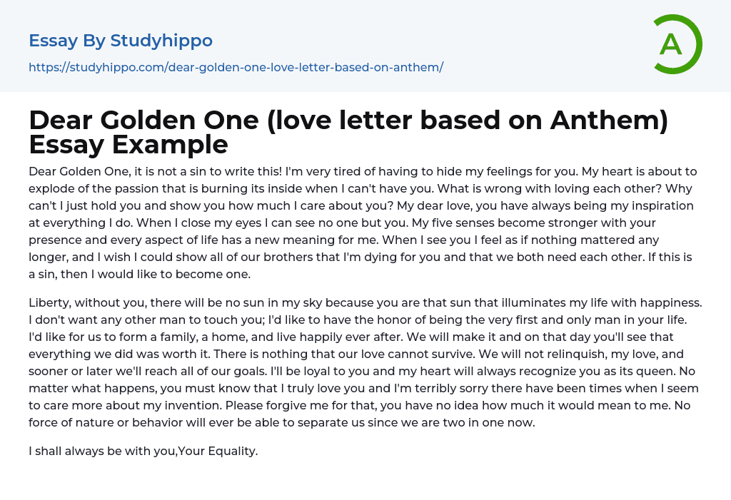 Dear Golden One (love letter based on Anthem) Essay Example