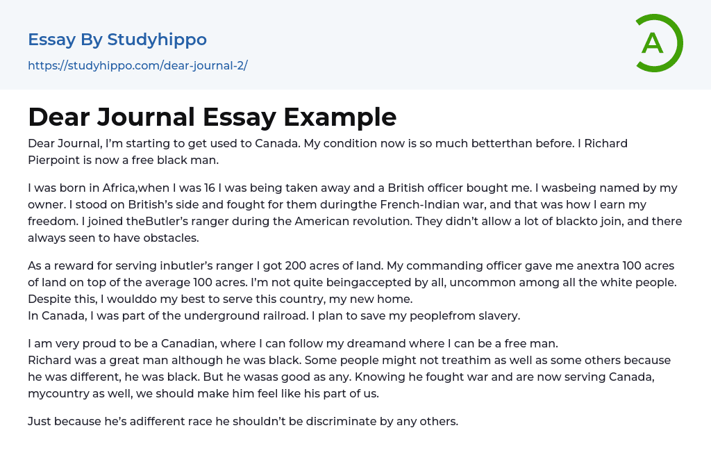 Dear Journal Essay Example