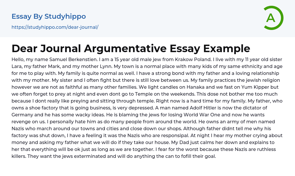 Dear Journal Argumentative Essay Example
