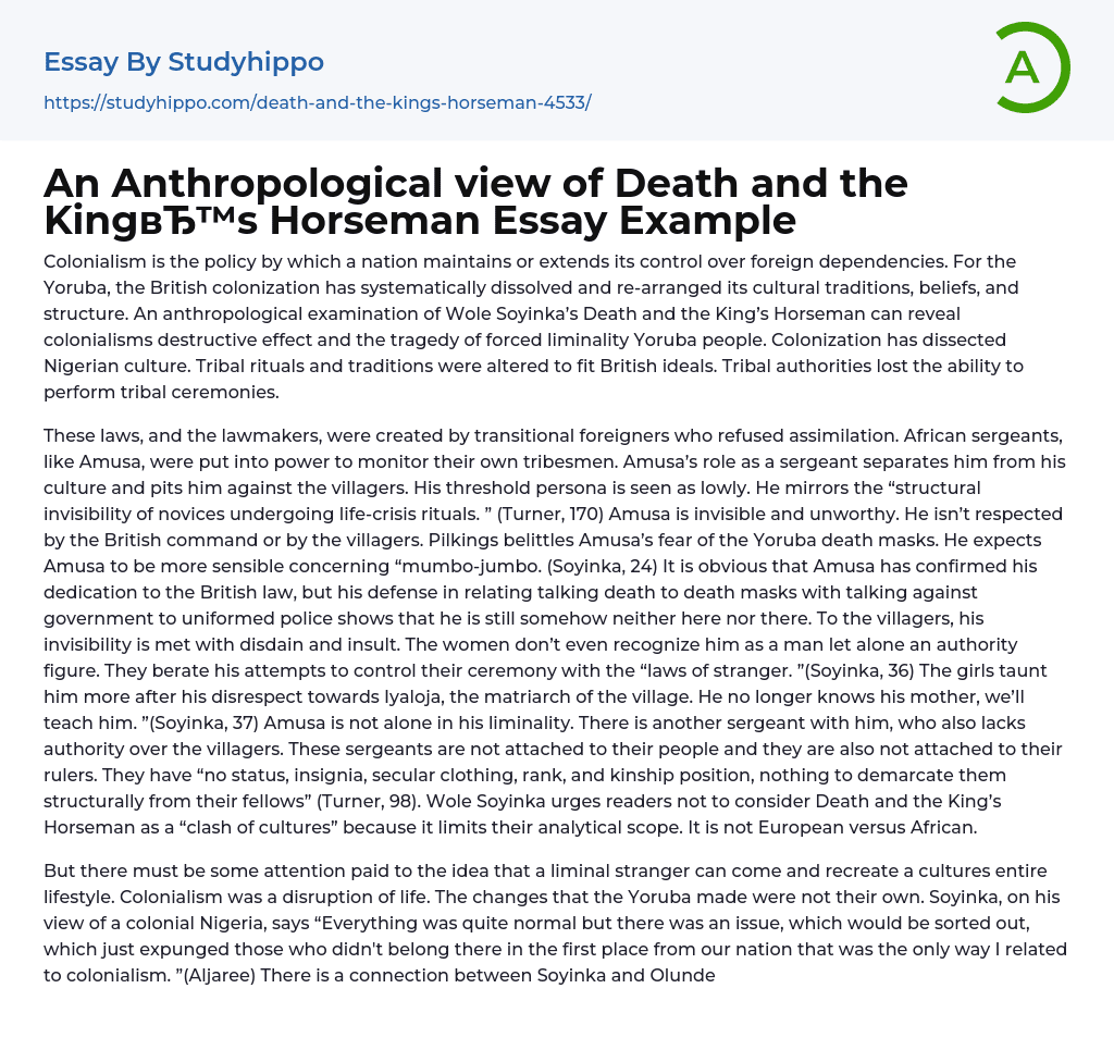 An Anthropological view of Death and the King’s Horseman Essay Example