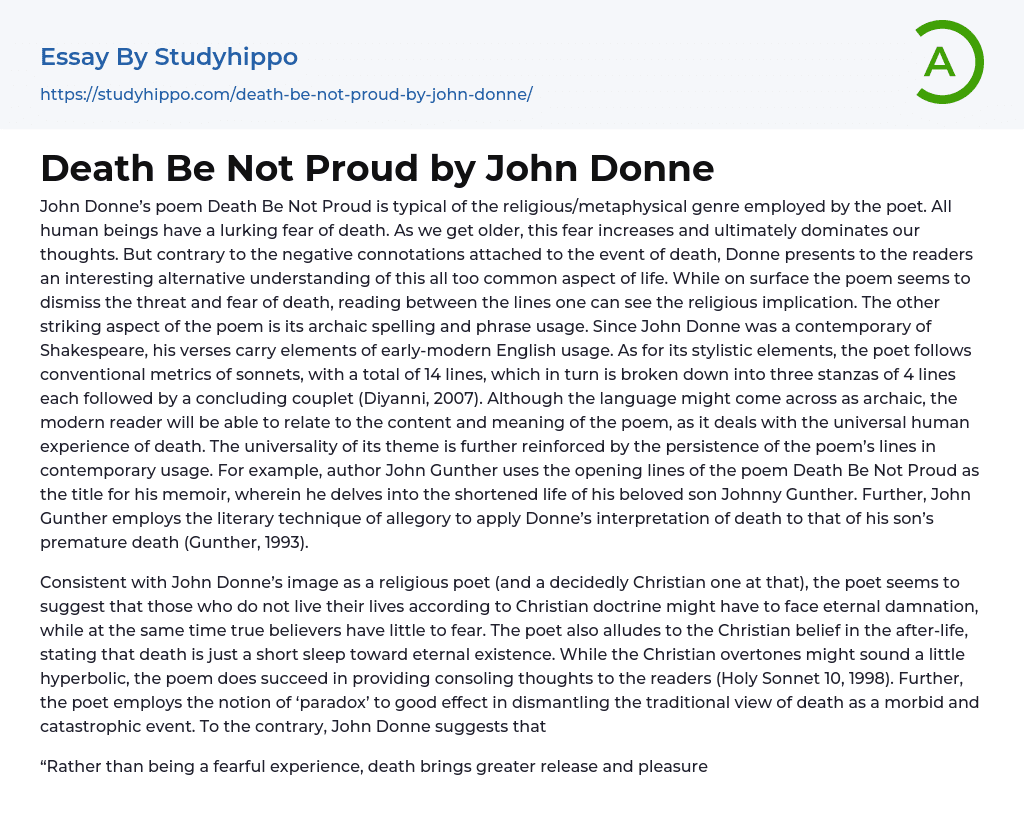 Death Be Not Proud by John Donne Essay Example