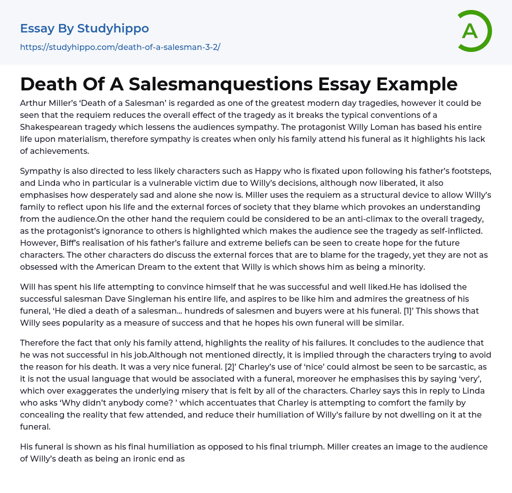 Death Of A Salesmanquestions Essay Example