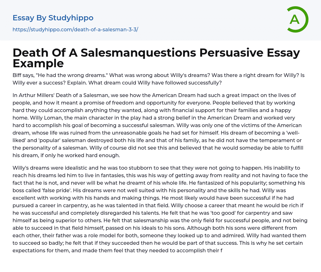 Death Of A Salesmanquestions Persuasive Essay Example