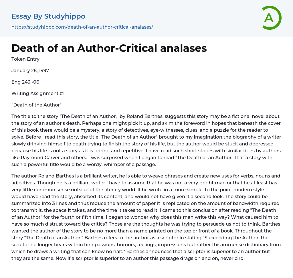 “The Death of an Author” by Roland Barthes Essay Example