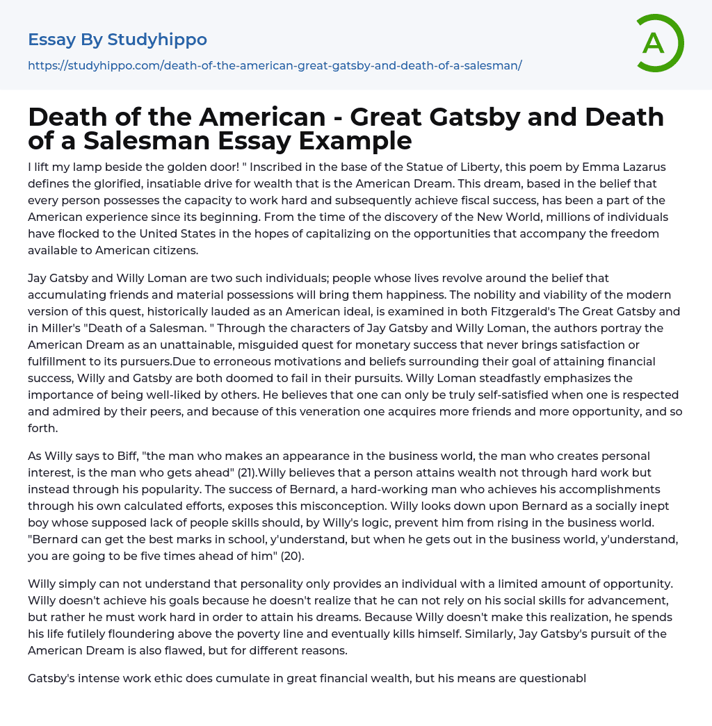 Death of the American – Great Gatsby and Death of a Salesman Essay Example
