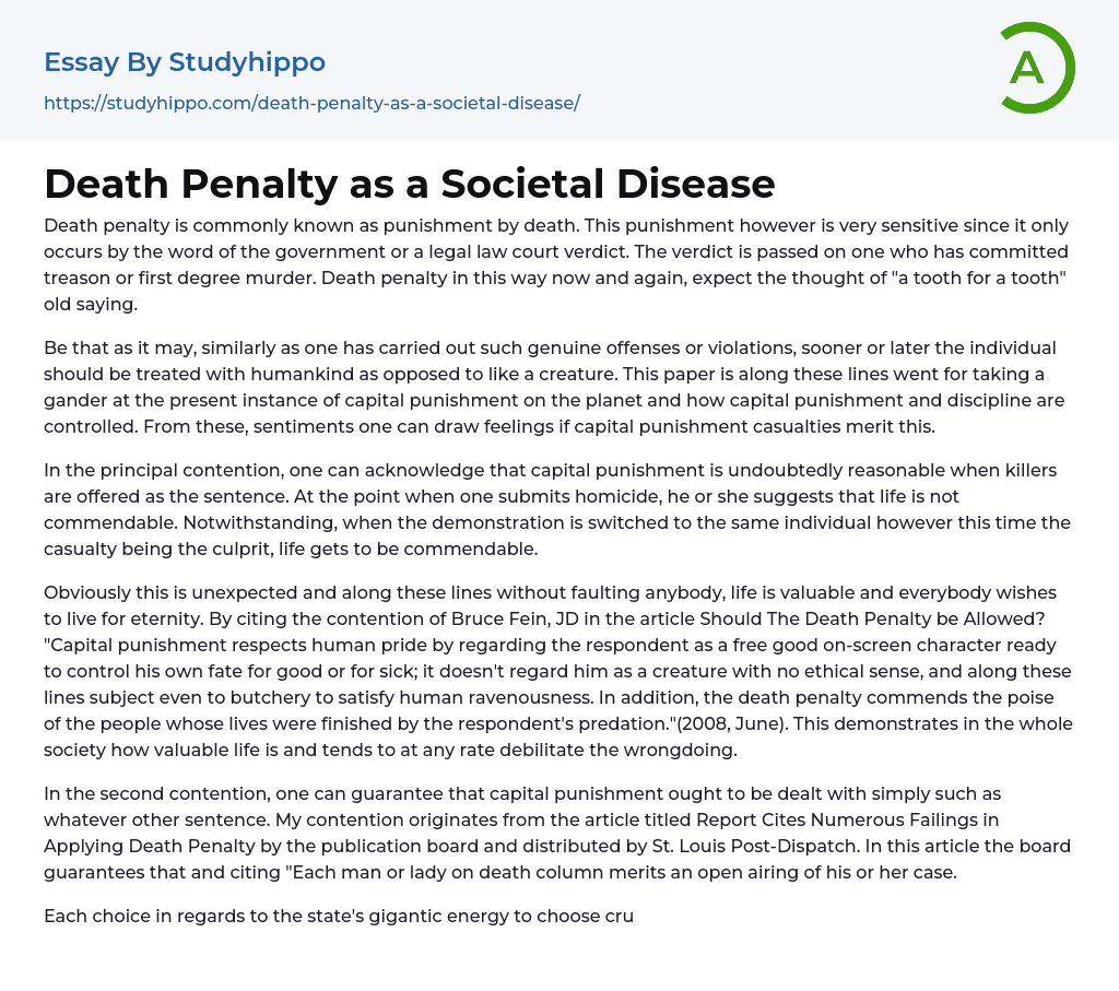 Death Penalty as a Societal Disease Essay Example