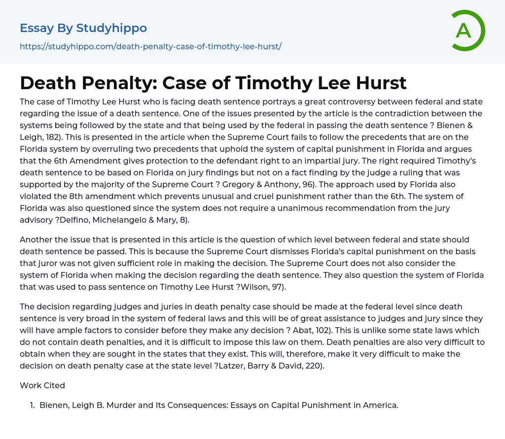 Death Penalty: Case of Timothy Lee Hurst Essay Example
