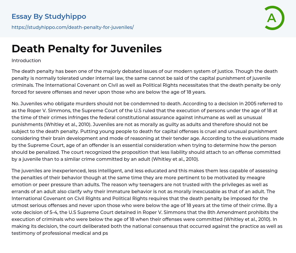 Death Penalty for Juveniles Essay Example
