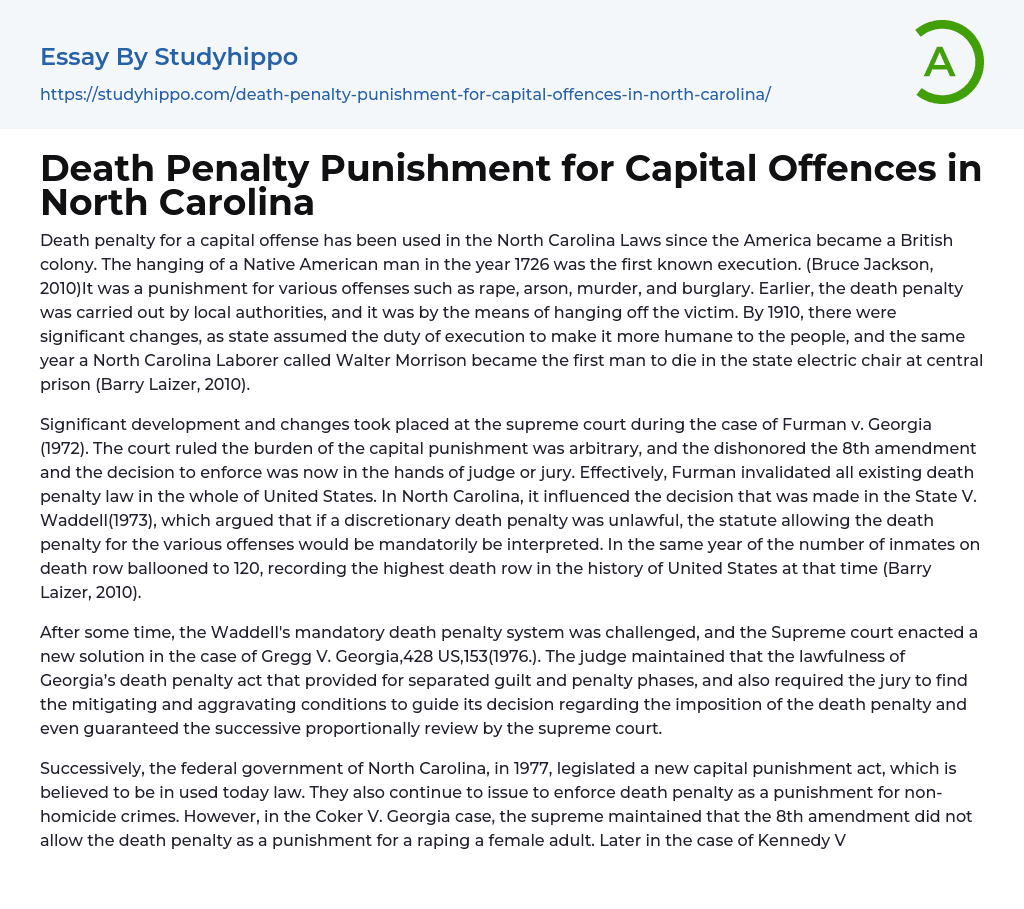 Death Penalty Punishment for Capital Offences in North Carolina Essay Example