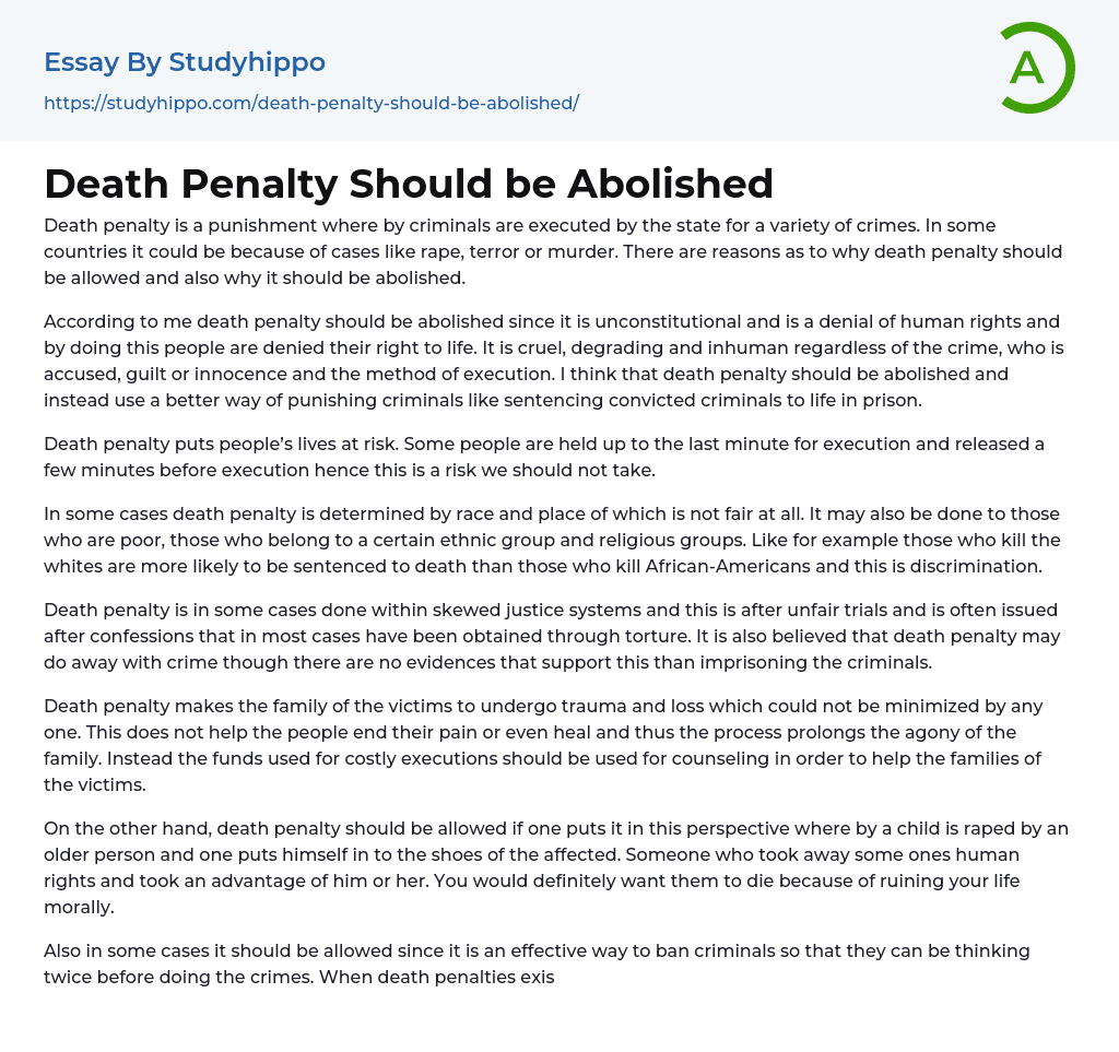 Death Penalty Should Be Abolished Essay Example StudyHippo