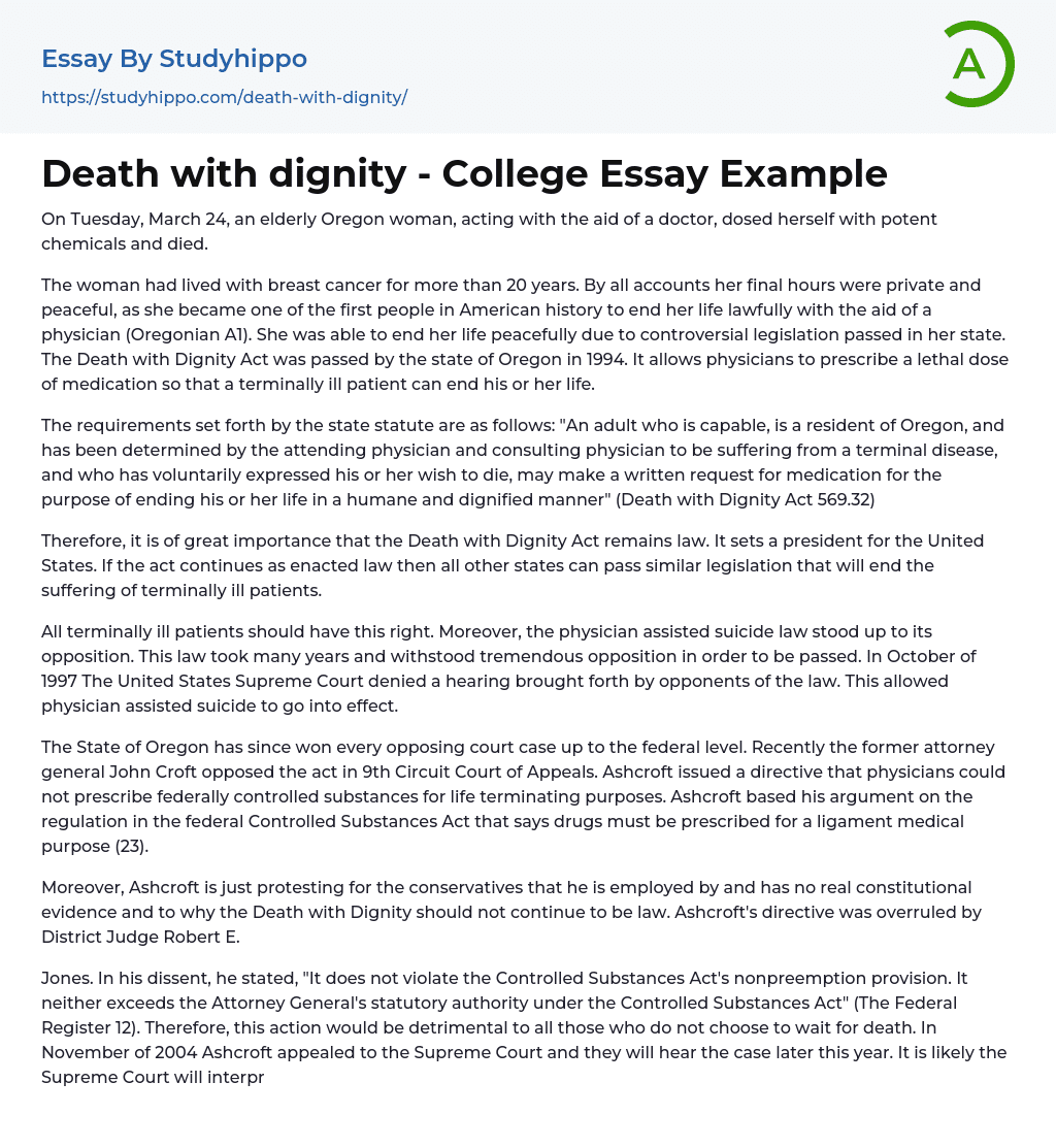 Death with dignity – College Essay Example