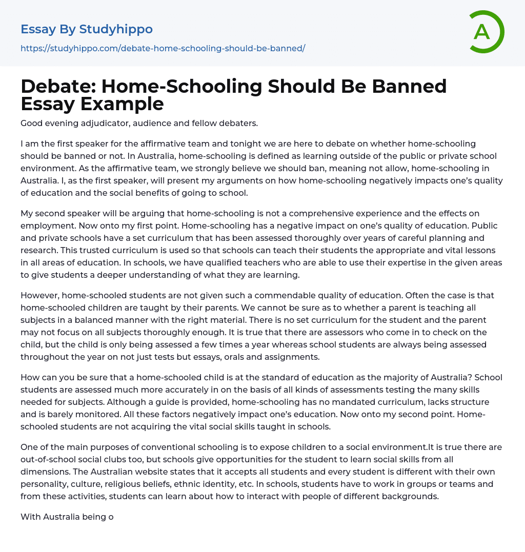 Debate: Home-Schooling Should Be Banned Essay Example