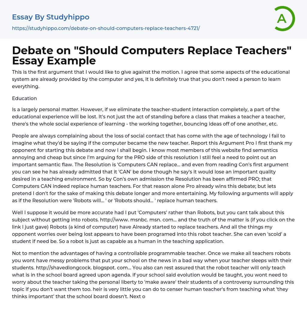 Debate On Should Computers Replace Teachers Essay Example 