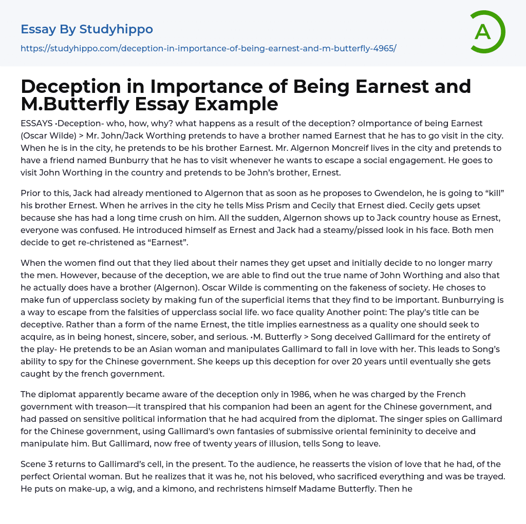 Deception in Importance of Being Earnest and M.Butterfly Essay Example