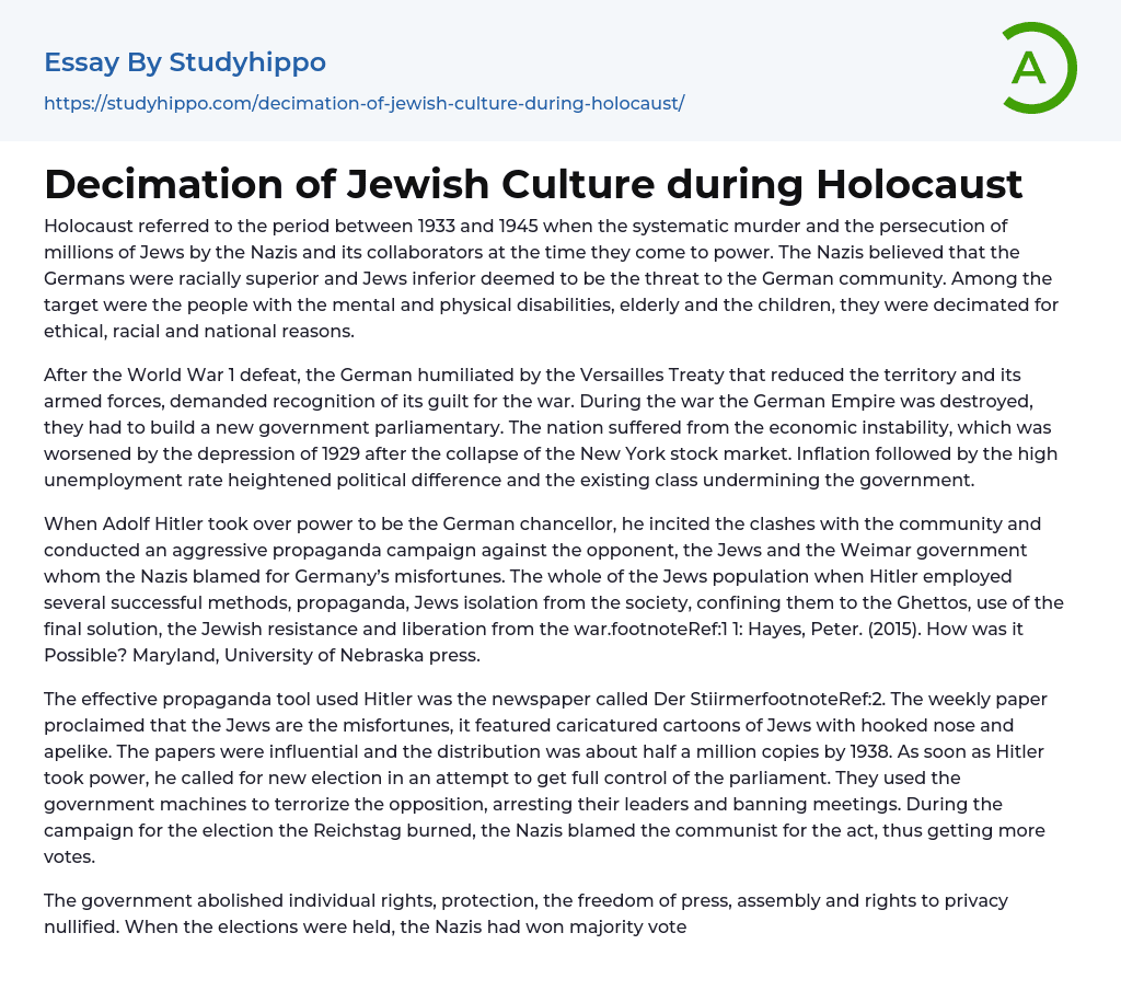 Decimation of Jewish Culture during Holocaust Essay Example