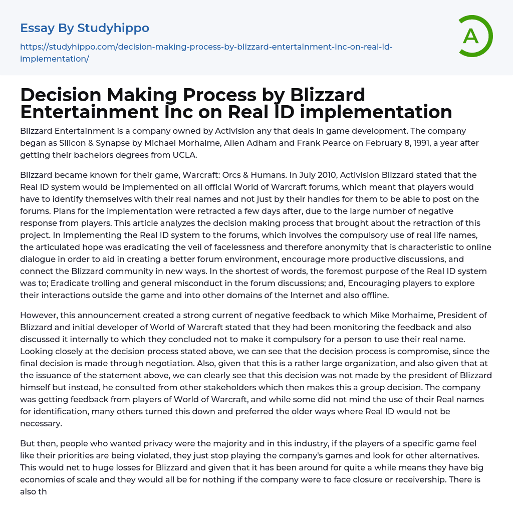 Decision Making Process by Blizzard Entertainment Inc on Real ID implementation Essay Example