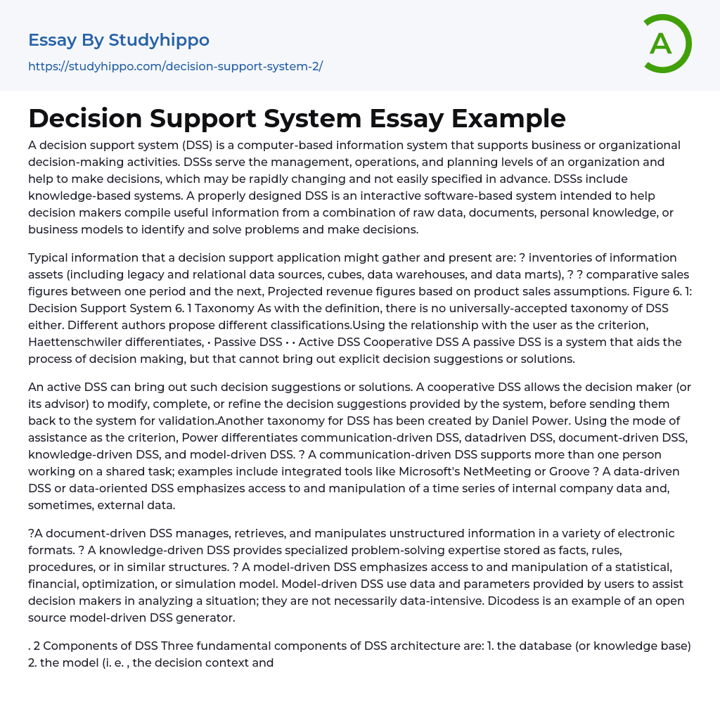Decision Support System Essay Example