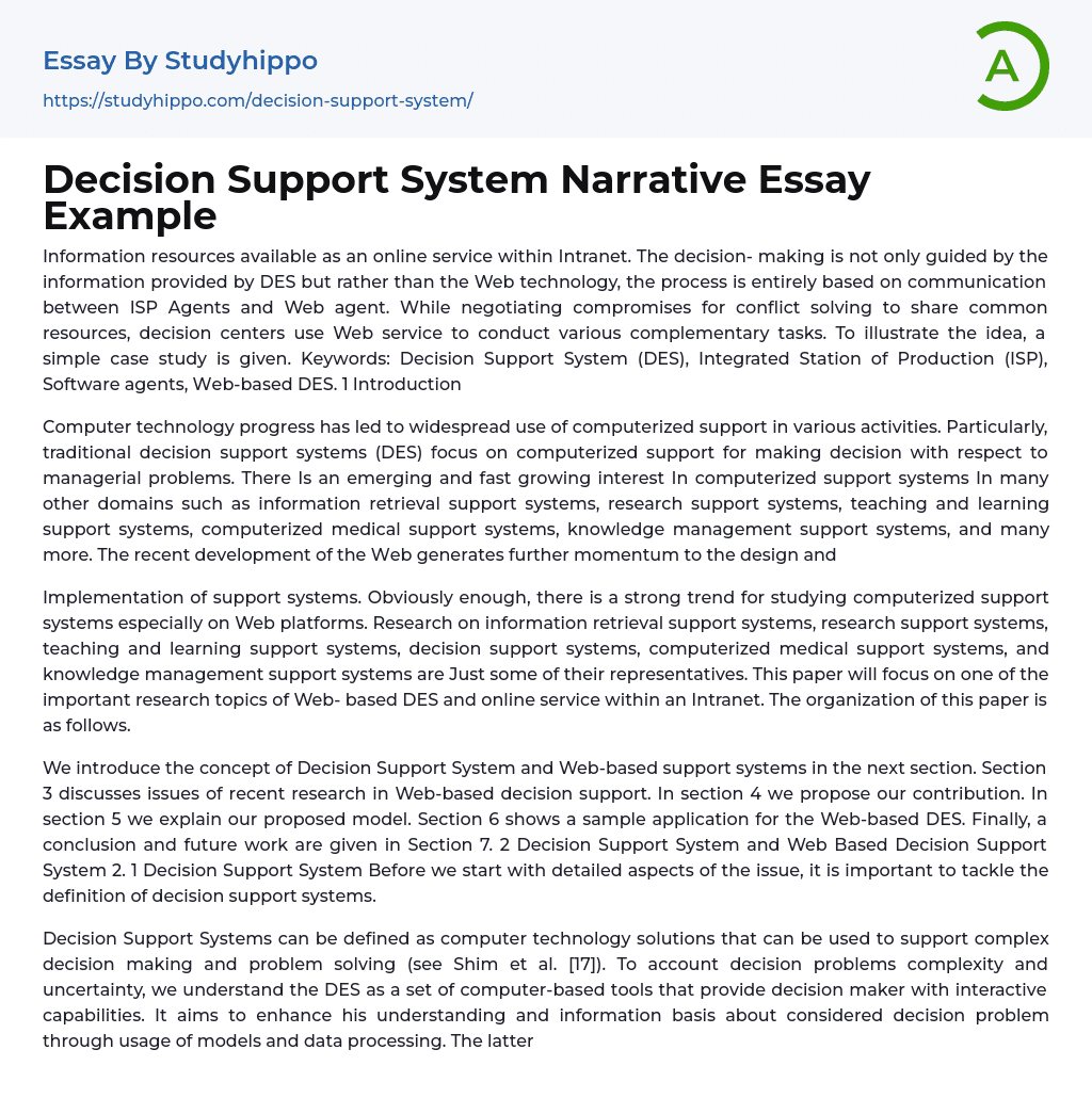 Decision Support System Narrative Essay Example