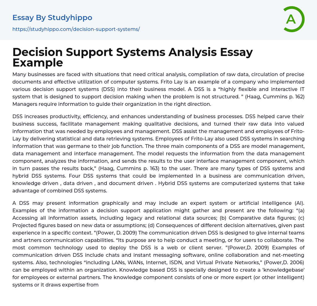 Decision Support Systems Analysis Essay Example