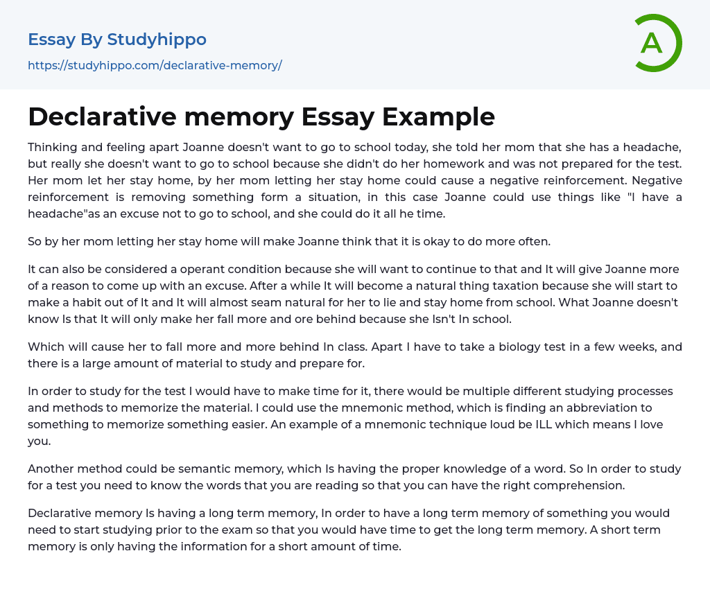 Declarative memory Essay Example