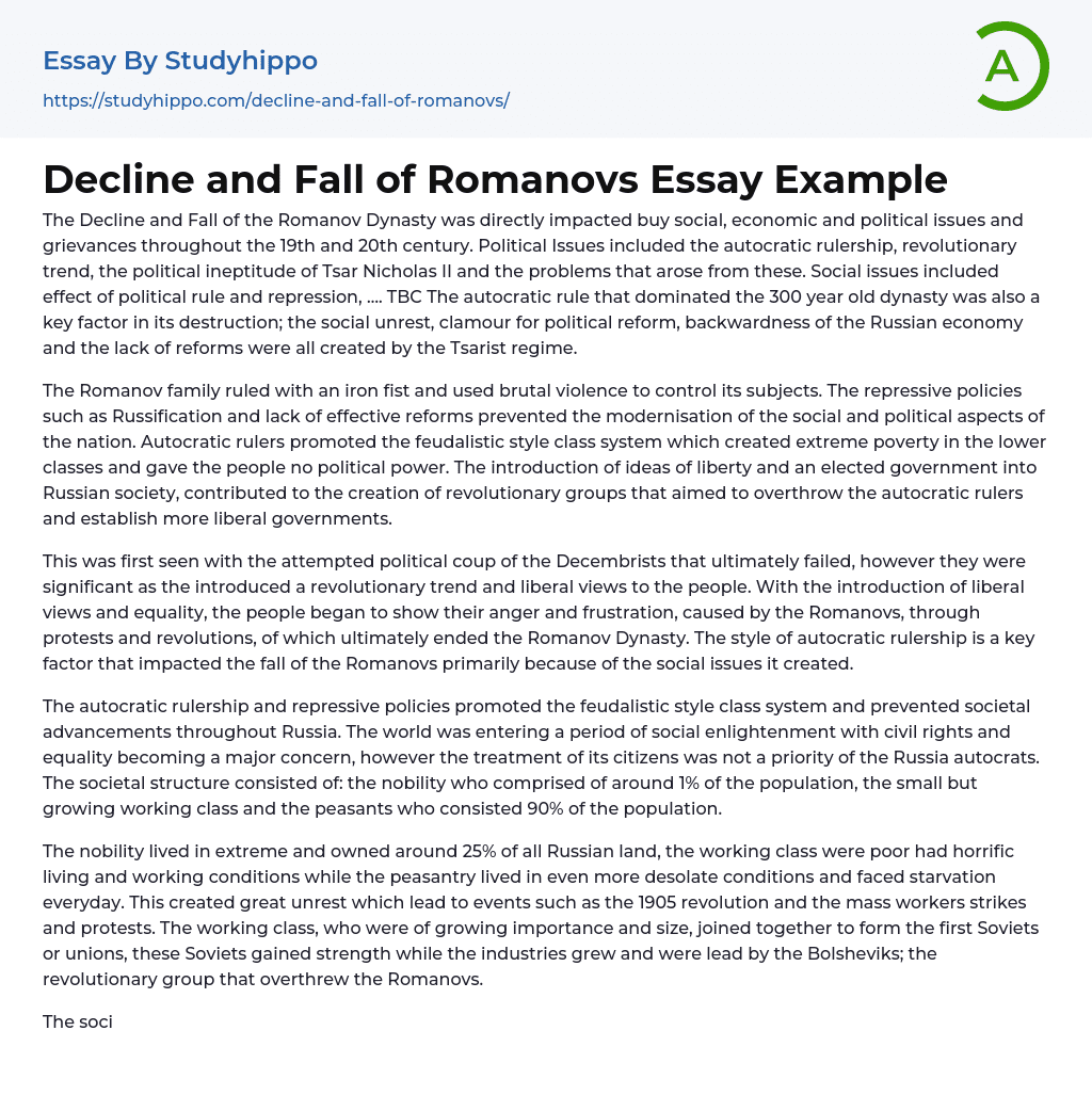 Decline and Fall of Romanovs Essay Example