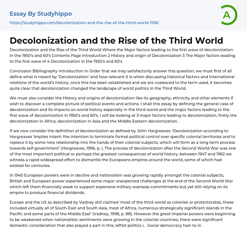 Decolonization and the Rise of the Third World Essay Example