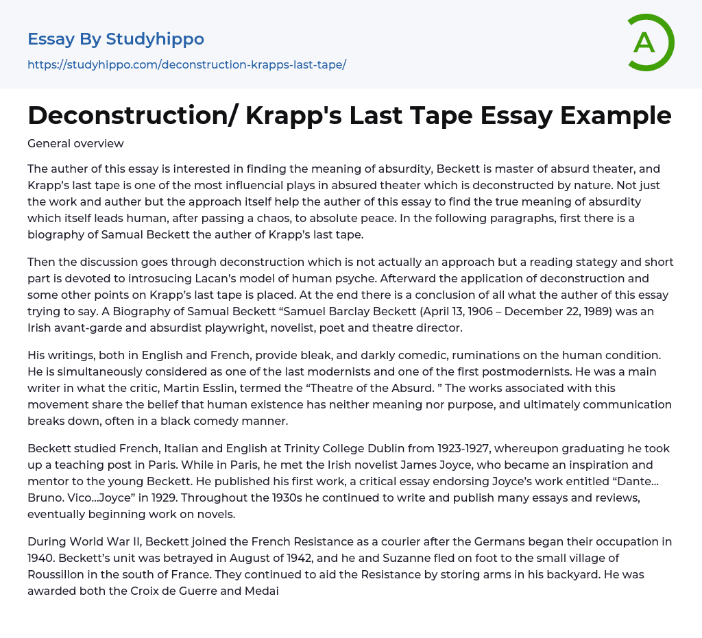 Deconstruction/ Krapp’s Last Tape Essay Example