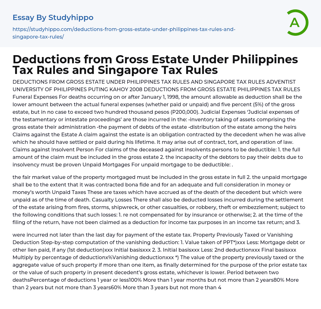 Deductions from Gross Estate Under Philippines Tax Rules and Singapore Tax Rules Essay Example