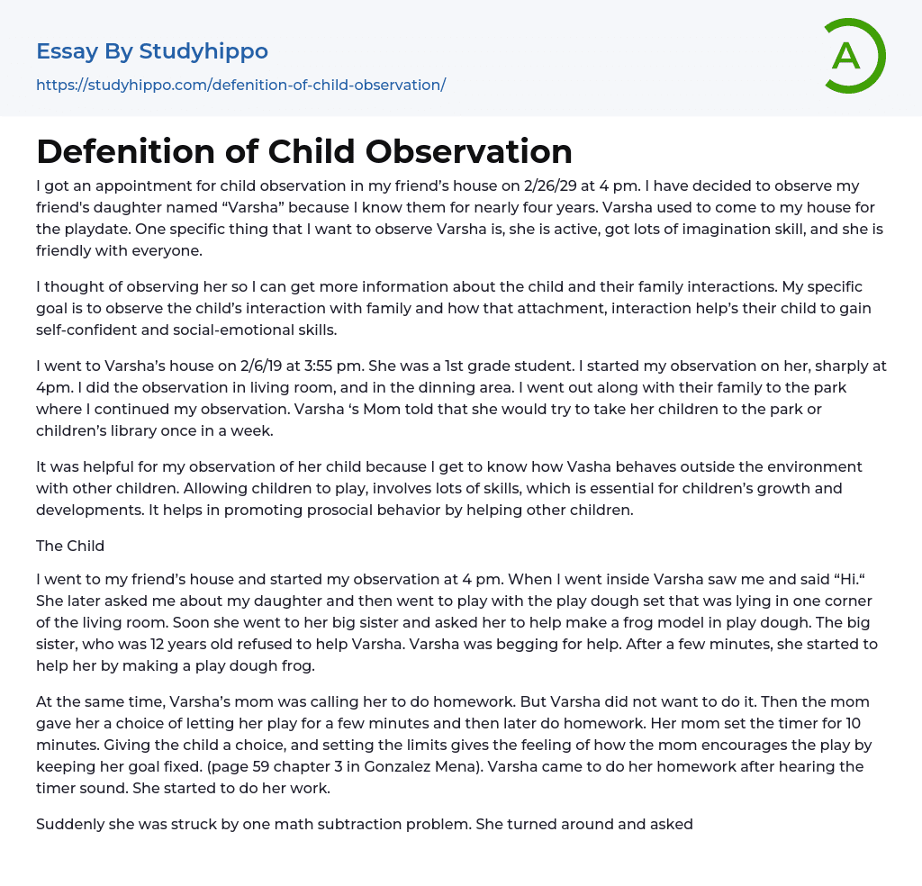 Defenition of Child Observation Essay Example