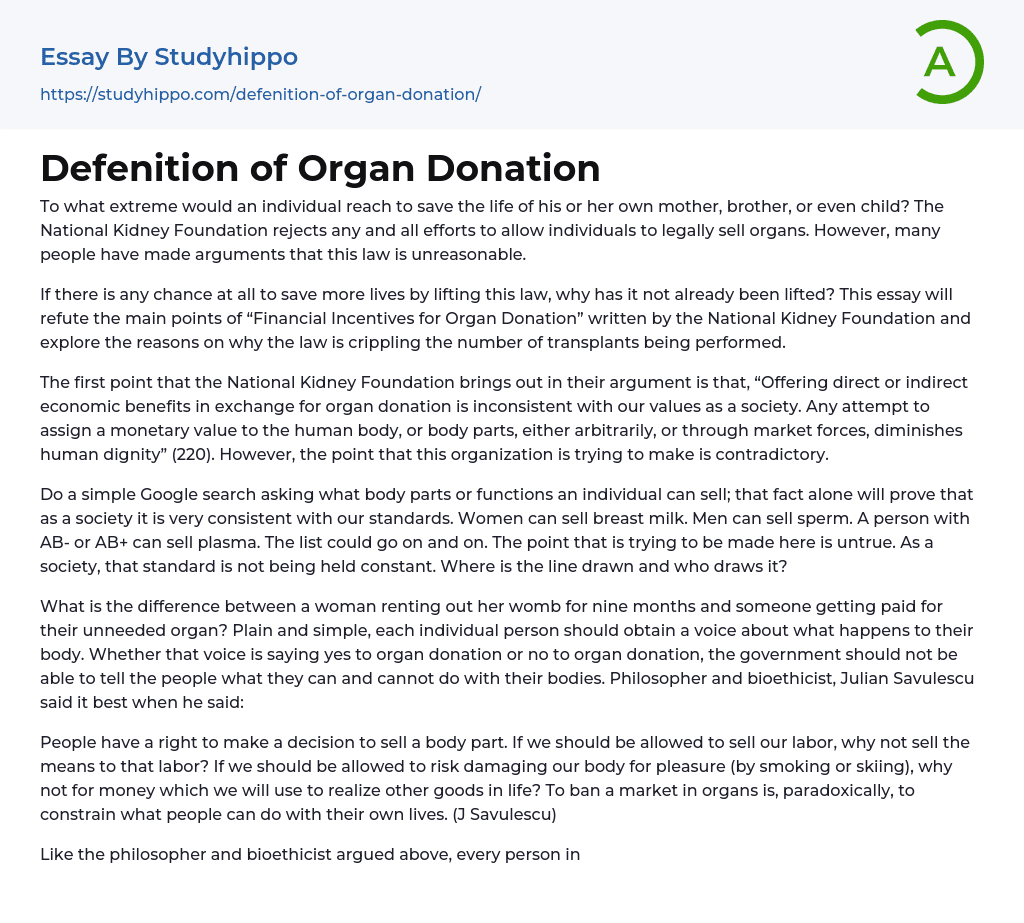 Defenition of Organ Donation Essay Example