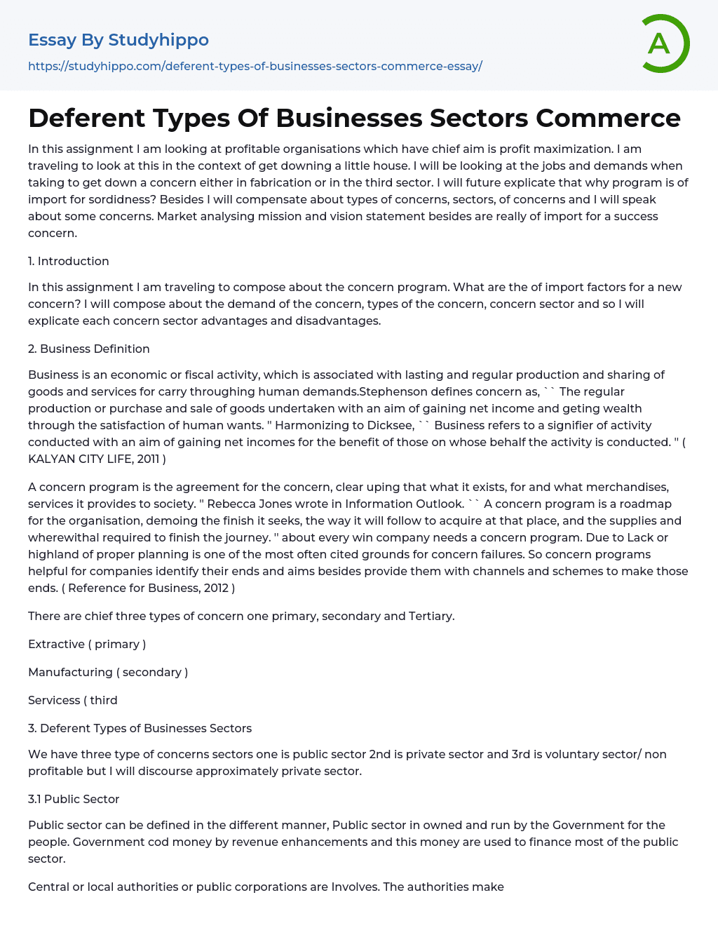 Deferent Types Of Businesses Sectors Commerce Essay Example