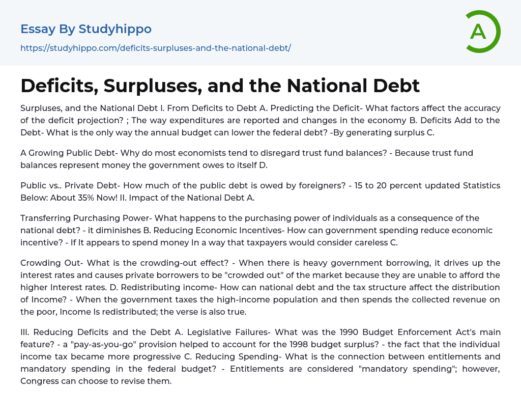 Deficits, Surpluses, and the National Debt Essay Example