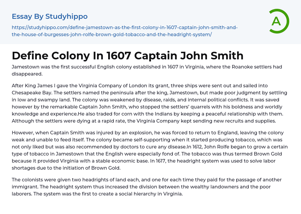 Define Colony In 1607 Captain John Smith Essay Example