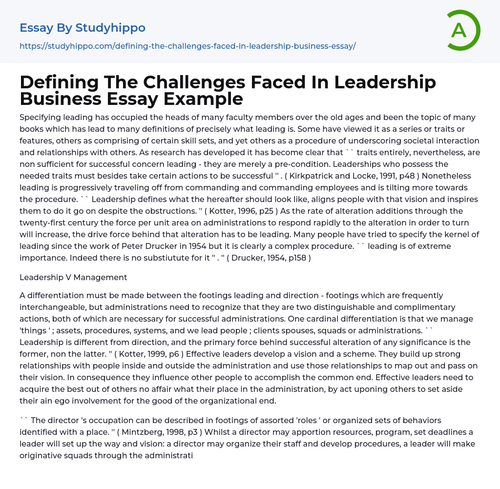 Defining The Challenges Faced In Leadership Business Essay Example