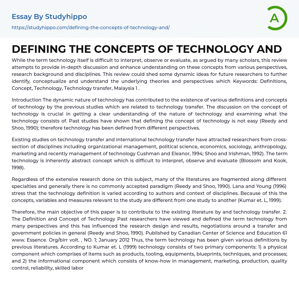 DEFINING THE CONCEPTS OF TECHNOLOGY AND Essay Example