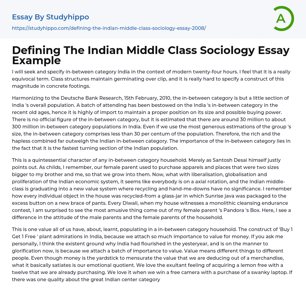Defining The Indian Middle Class Sociology Essay Example