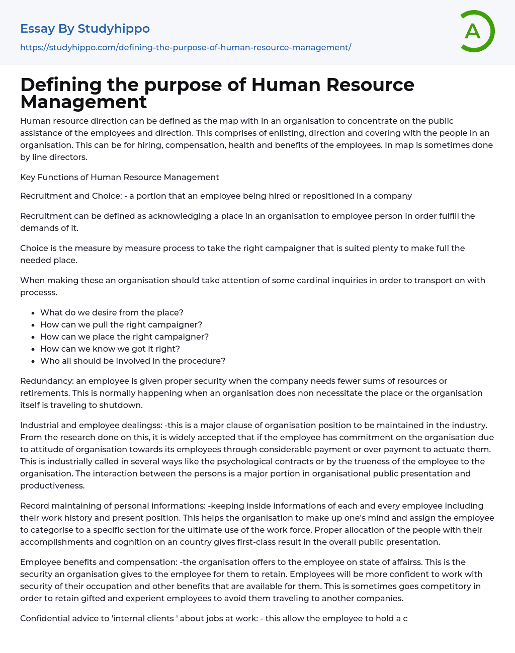 Defining the purpose of Human Resource Management Essay Example