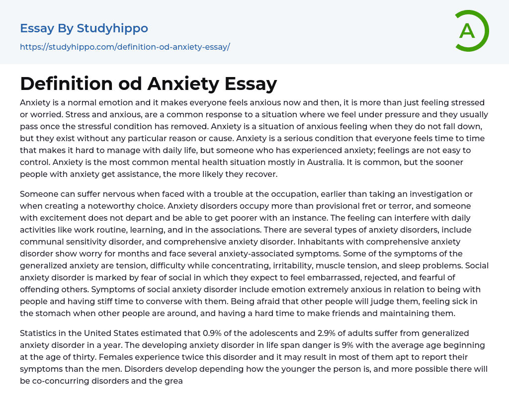 Definition od Anxiety Essay