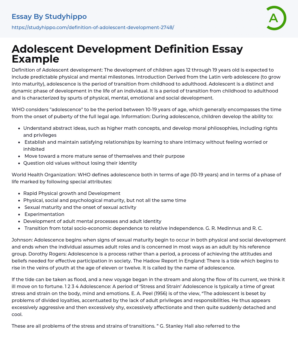 Adolescent Development Definition Essay Example StudyHippo