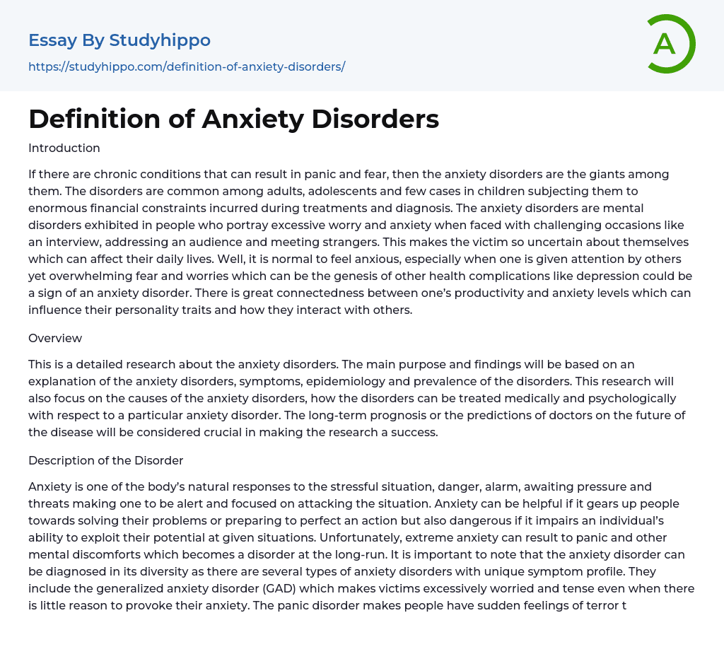 Definition of Anxiety Disorders Essay Example