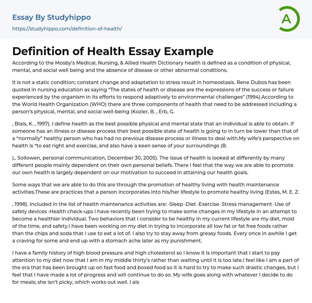 Definition of Health Essay Example