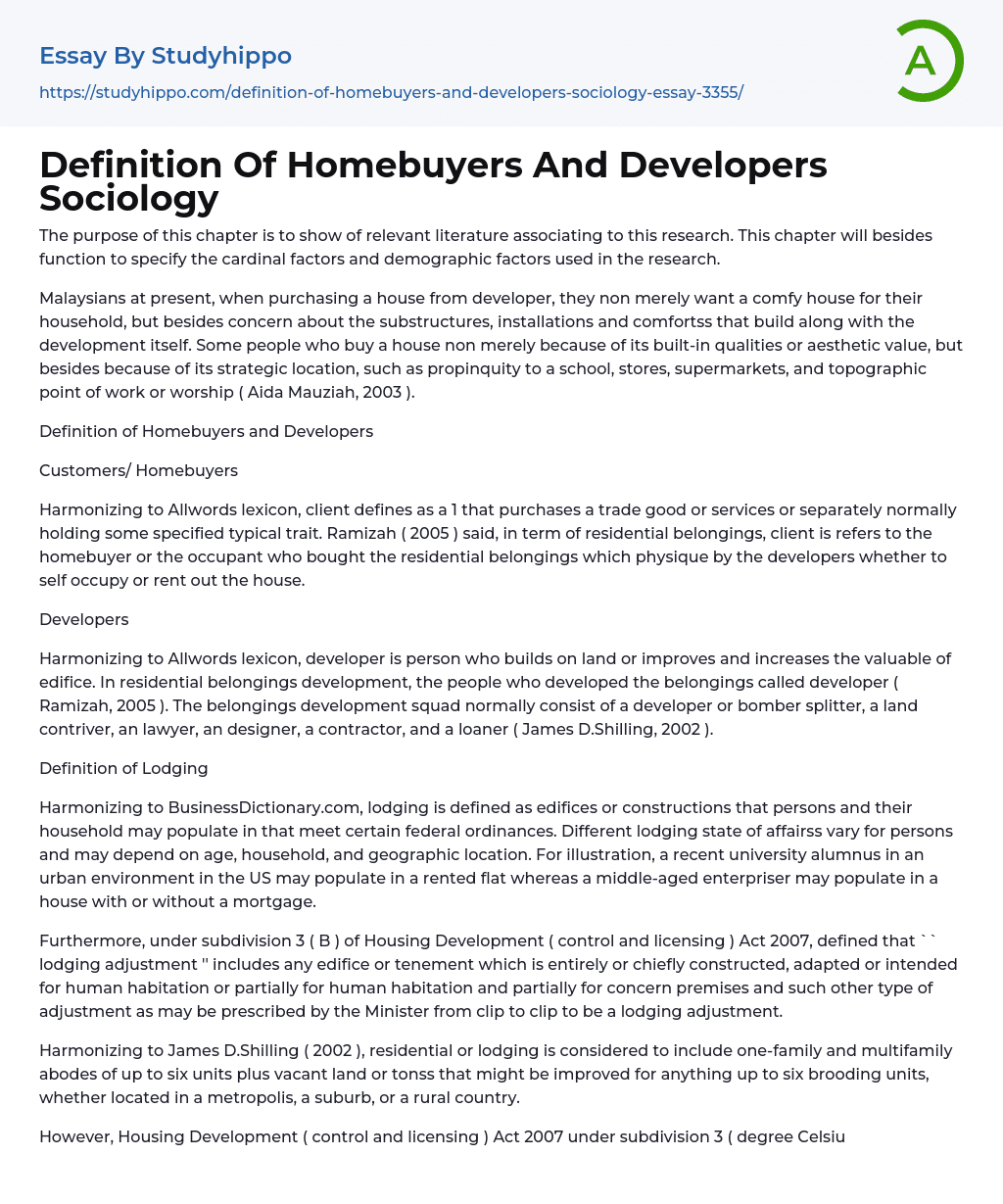 Definition Of Homebuyers And Developers Sociology Essay Example