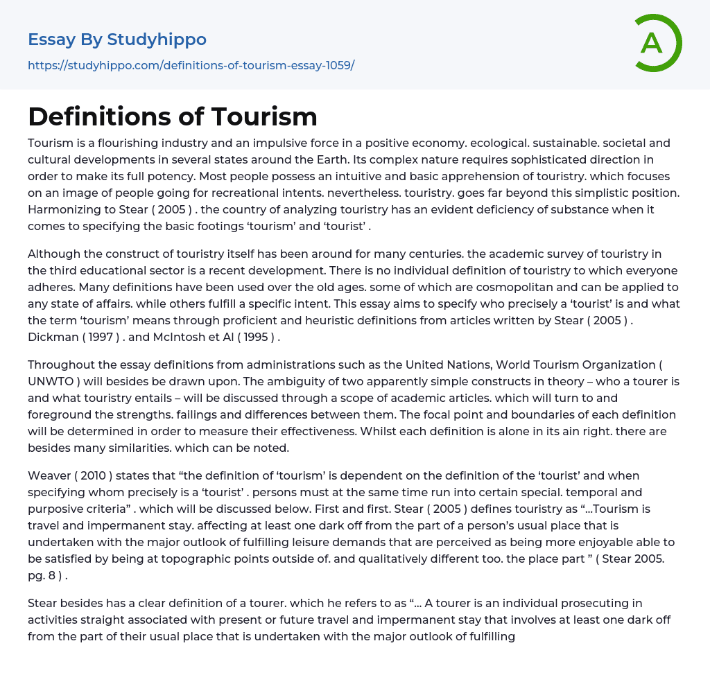 Definitions of Tourism Essay Example