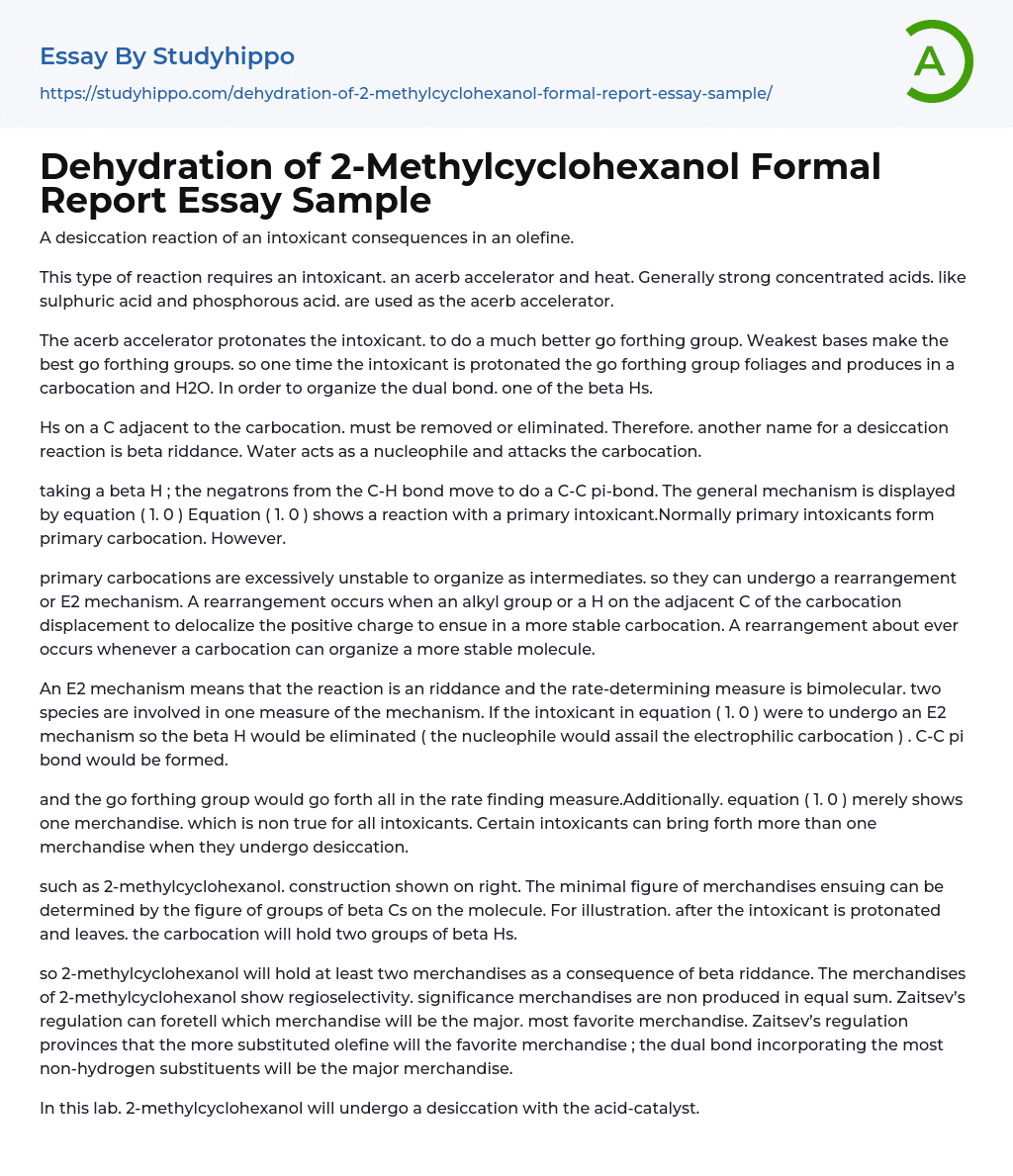 Dehydration of 2-Methylcyclohexanol Formal Report Essay Sample