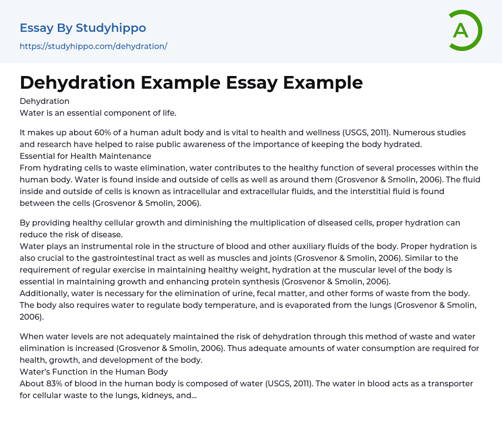 Dehydration Example Essay Example