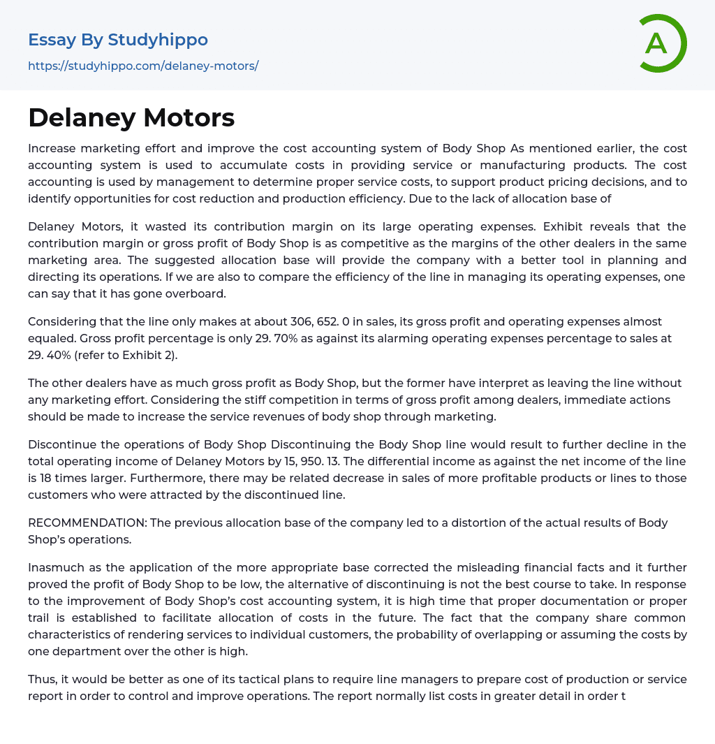 Delaney Motors Essay Example