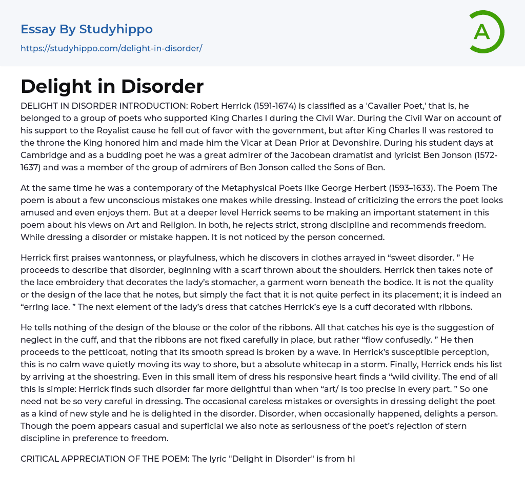 Delight in Disorder Essay Example